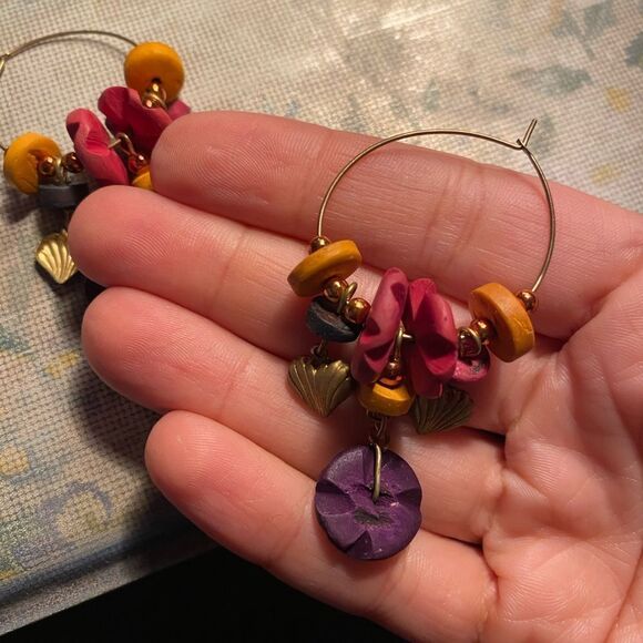 Vintage 1980s Hoop Earrings with Bold Colorful Beads and Charms - Picture 4 of 4